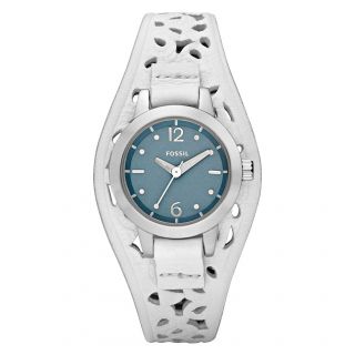 Fossil White Cutout Leather Band Cuff Round Blue Dial Womens Watch