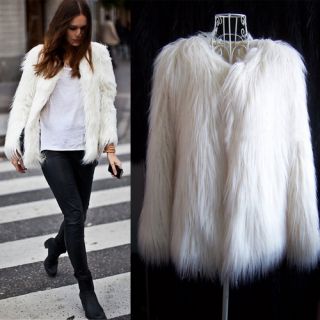 Vintage White Faux Fur Long Hair Winter Coat Jacket