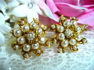 Large Intricate Miriam Haskell Seed Pearl Gold Flower Earrings