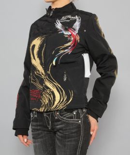 New Womens Ed Hardy Christian Audigier Moto Jacket Panther Roses XS s
