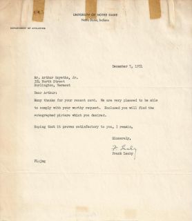 Frank Leahy Football Autograph Letter Notre Dame Died 1973