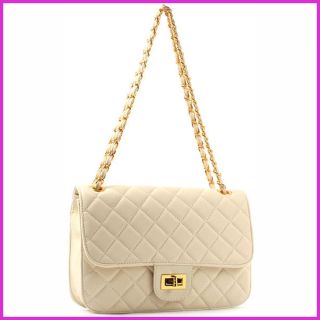 Women Gold Chain Shoulder Quilted Bag Purse Ivory G41