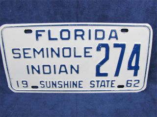 1962 Florida State License Plate Seminole Indian 274