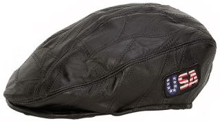 Genuine Black Leather USA Decal Flat Driving Cap Hat
