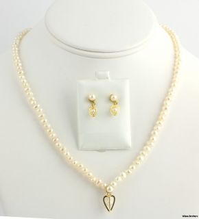 Genuine Freshwater Pearl Necklace Dangle Earring Set 18K Yellow Gold