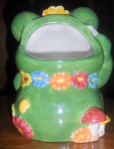 Ceramic Frog Planter Sweet Frog with Flowers N Mushrooms Colorful L7