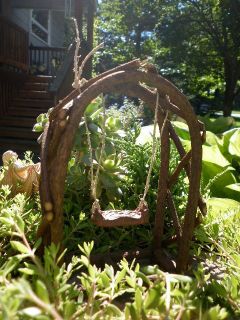 Miniature Fairy Garden Wood Archway Arbor with Wood Stump Swing