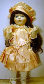 1980s All Porcelain Doll by Francine Cee in Peach Satin Victorian