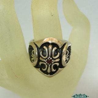 Massive Sterling Silver Onyx and Garnet Tibetan Ring
