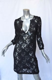 Gerard DAREL Black Floral Lace Knit Above Knee Mini Deep V Neck Dress