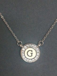 Initial G Pendant Necklace Enamel w Austrian Crystals 18 Rhodium