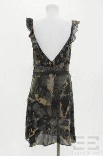 Galliano Sheer Blue Black & Tan Silk Print Ruffle Dress Size 30/44