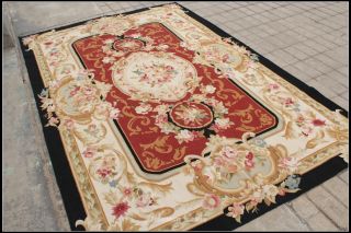 FREE SHIP! 6X9 French Aubusson Area Rug BLACK CREAM RED w Pink Rose