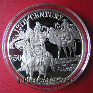  Islands 1997 $50 95oz Silver Genghis Khan Asian Conquest RARE