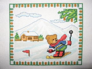 Skiing Bear Finished Cross Stitch Picture on White 14ct Aida Cloth