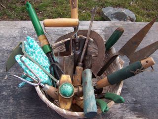 Vintage Garden Tools   12 Old ones /Basket/Gloves/ Green/Scythe Trowel