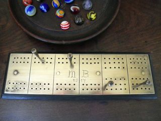 Great Early Dated 1917 Brass on Wood Cribbage Board with Handmade