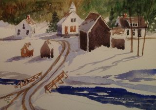 Waits River Vermont Village River Snow Scene New Watercolor Painting