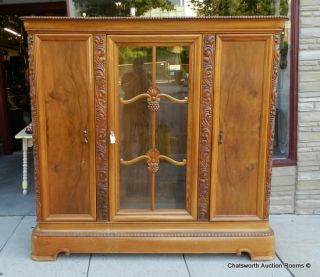  Carved Walnut 1920s German Austrian Glass Door Armoire Cabinet