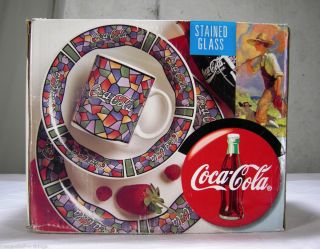 Coca Cola 12 PC Dinnerware Set Stained Glass by Gibson Housewares 1996