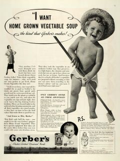 1937 Ad Gerber Strained Canned Baby Foods Farmer Raking   ORIGINAL