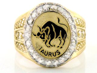 10K Solid Yellow Gold Mens Zodiac CZ Ring Taurus