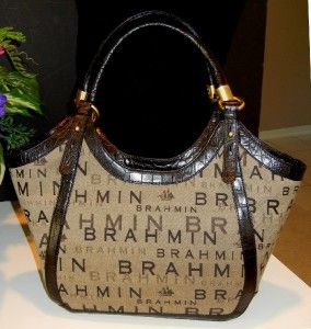 New Gorgeous Brahmin Gigi Logo Fabric Leather Handbag Tote $325 RARE