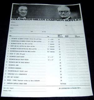 Barry Goldwater Bill Miller 1964 Campaign Supplies List