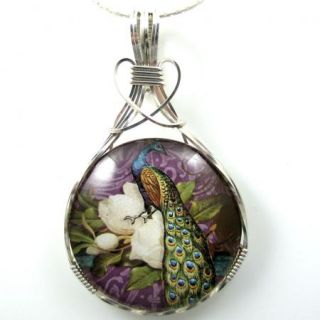 Peacock Glass Cabochon Cameo Pendant Sterling Silver Jewelry