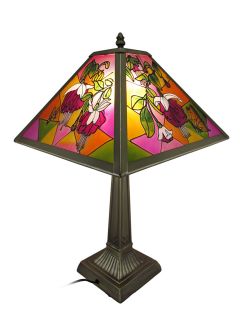 Panel Hummingbird Motif Painted Glass Table Lamp