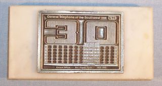GENERAL TELEPHONE of the Southwest GTE 30 Year Service Plaque Brass