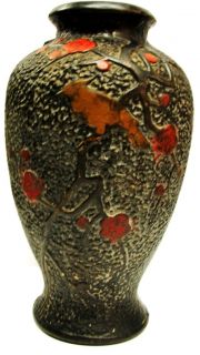 Vintage Arts Crafts Mission Faux Wood Vase Bird Cherry Blossoms Japan