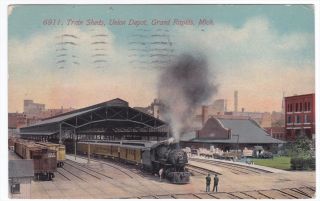 Grand Rapids Michigan Train Sheds Union Depot 1912 Colored Postcard