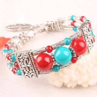 Multicolor Glass Bead Tibetan Silver Bracelet Bangle 1P