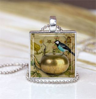 Tea Time Pot Kettle Bird Glass Pendant Necklace Service