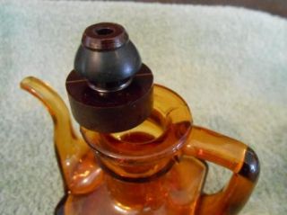 Vtg Amber Glass Tea Kettle Pot Style Cruet Oil Vinegar Bottle Wood