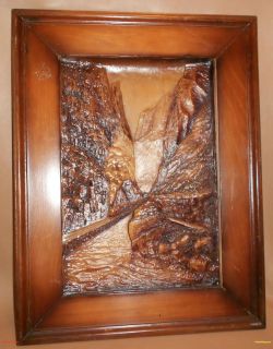Antique Royal Gorge Wood Carving Relief Train Grand Canyon of The