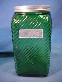 1930s Green Diagonal Ridge Glass Hoosier Cabinet Sugar Jar with Label