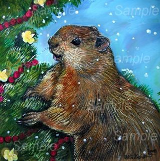   HOLIDAY GICLEE painting MARMOT Groundhog Kasheta Winter Wildlife ART