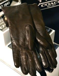  COACH BUTTON Mahogany Chocolate Brown LEATHER & CASHMERE GLOVES 80633
