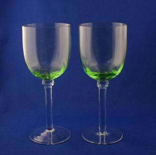  Elegant Depression Era Glass Pair of Green Wine Goblets 9 oz c.1930
