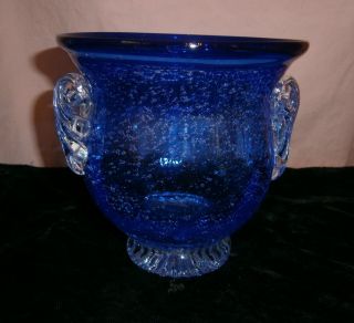 HAND BLOWN BLUE BUBBLE GLASS VASE/BOWL W/ CLEAR CUT BASE & SHELL SHAPE