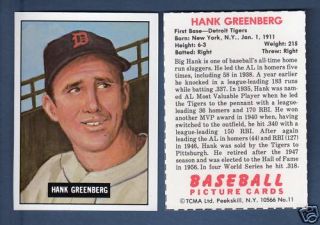 1951 Bowman Style Yearbook Card Hank Greenberg Tigers