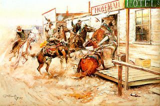 1909 Charles M Russell Painting Wild West, Horse, guns, Cowboys
