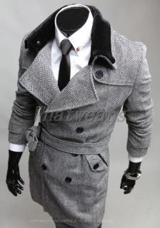 JJ Fashion Mens Slim Vintage Jacket Belt Trench Wool Coat Grey M L XL