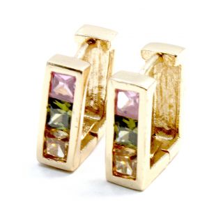 Gold 18K GF Earrings Square Small Hoop Huggie Austrian Crystal Special