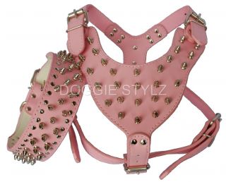 Pink Leather Dog Harness Collar Set Spike Studs Pit Bull Terrier