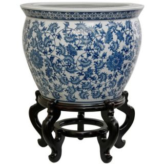 Fishbowl with Blue Floral Design in White