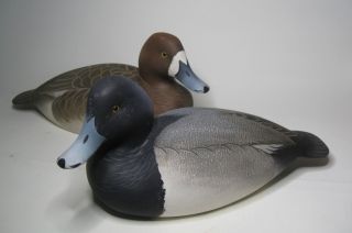 Pair Lesser Scaup Carved Wooden Duck Decoys Danny Marshall