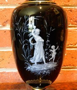 Mary Gregory Victorian Black Amethyst Glass Major Vase Cupid Pate Sur